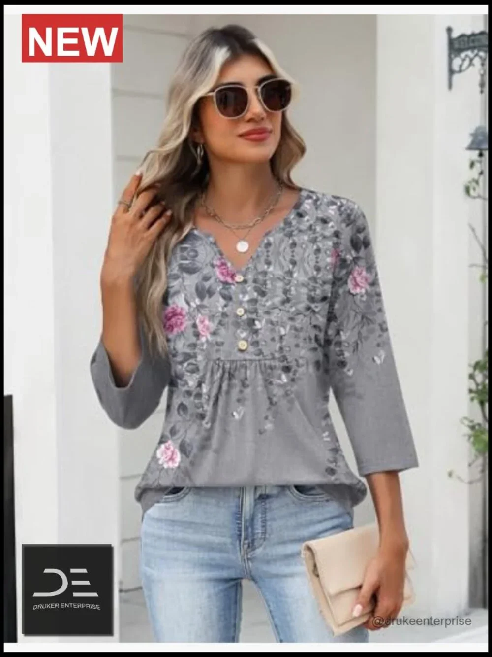 Womens 3/4 Sleeve V Neck Pleated Tunic Tops Dressy Casual Blouses - Picture 3 of 7